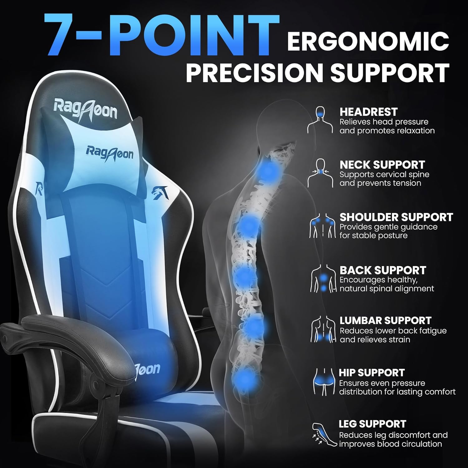 Gaming Chair for Adults Gamer Game - Ergonomic Gaming Chair with Footstool, Headrest, and Lumbar Support Height Adjustable Leather Game Chair’s 200 KG Load Bearing Capacity White - Image 6