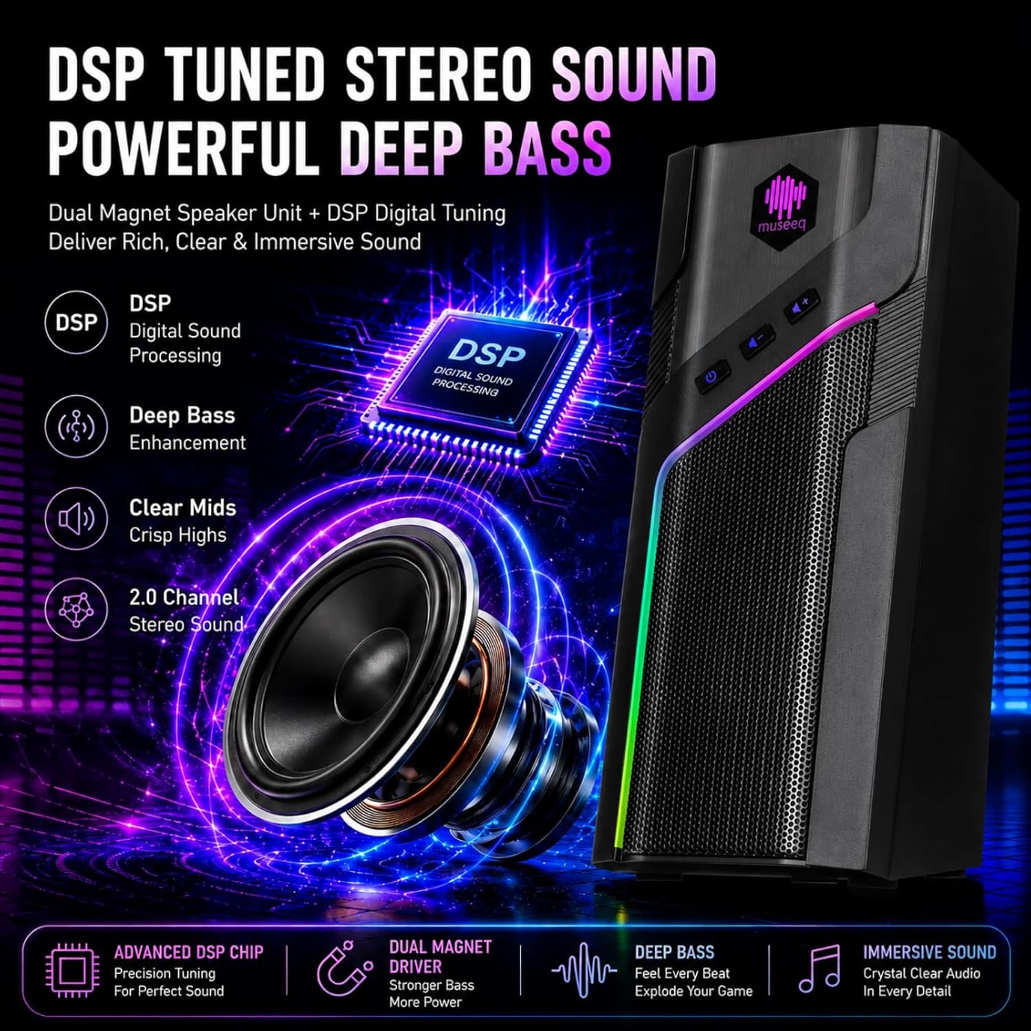 W-206RE RGB Gaming Speakers for PC, Bluetooth & USB Desktop Speakers for Gaming PC and Monitor, Touch Control Stereo Computer Speakers with 21 LED Light Modes - Image 3