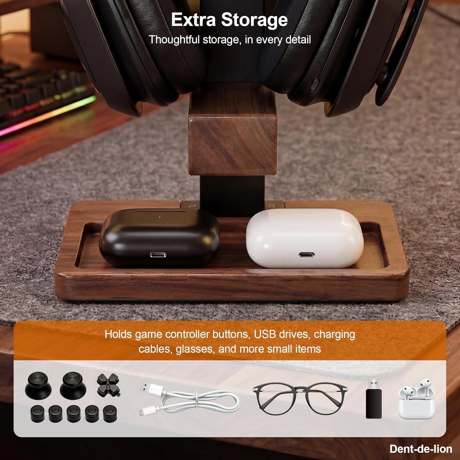 2-in-1 Solid Wood Headset Stand with Dual Game Controller Holder, Gaming Headphone Stand with Storage Base, 6 Joystick Sponge Rings and 8 Thumb Grips Gaming Equipment Accessories for Desk - Image 7