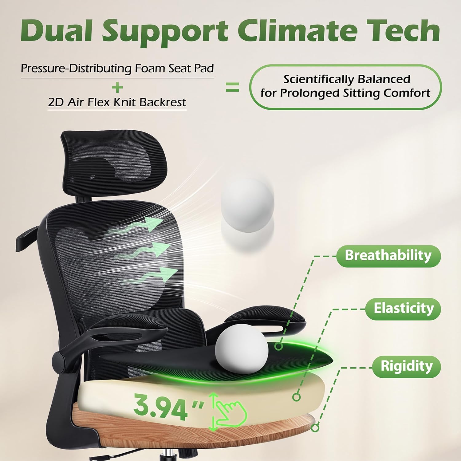 AreShark Office Chair Ergonomic Desk Chairs with Adjustable Lumbar Support& Headrest Hanger, High Back Breathable Mesh Chair with Wheels, Rolling Swivel Comfy Task Computer Chair for Home Work Gaming - Image 5