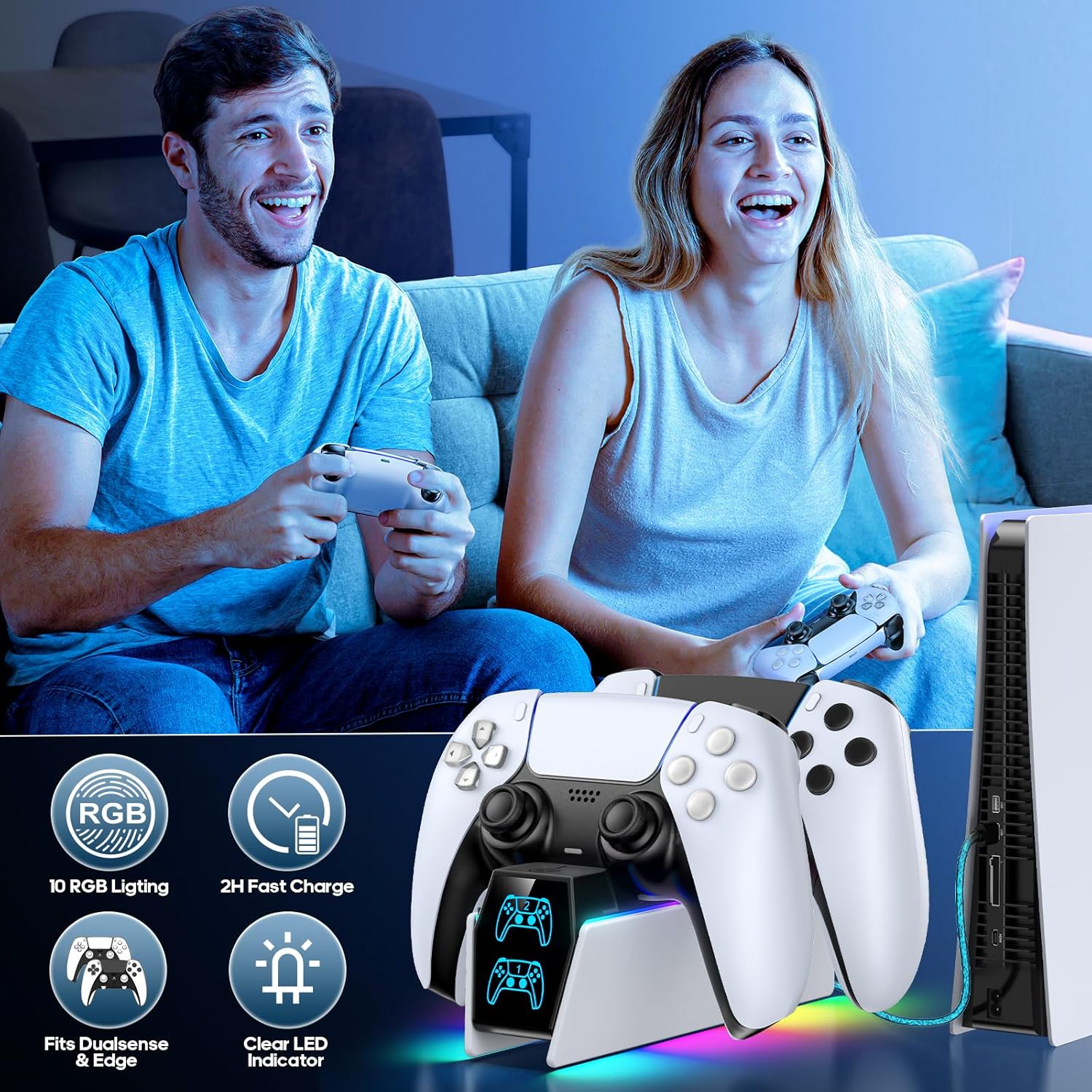PS5 Controller Charger Station Compatible with PlayStation 5 Faceplates Edge & Dual Controller, 9 RGB PS 5 Accessories Charging Stand, PS5 Dock with LED Indicator, for PlayStation 4 Cooling Systems - Image 6