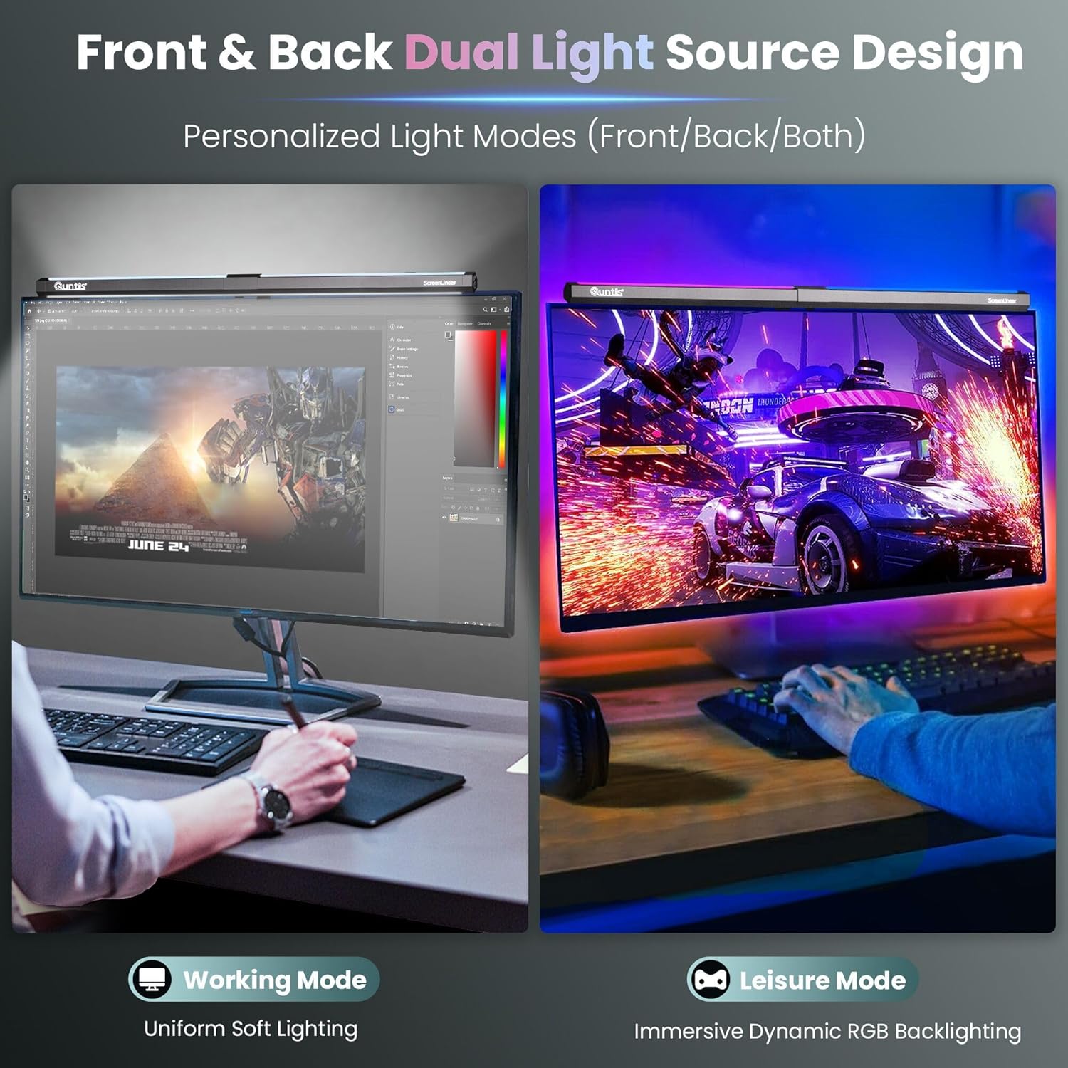 Quntis Monitor Light RGB Backlight, Eye-Care Computer Lights Bar Gaming Office Desk Lamp, 15 Modes Backlight, 3 Color Temperature & Brightness Dimmable Front Light, Ra95 Screen No Glare Monitor Lamp - Image 2
