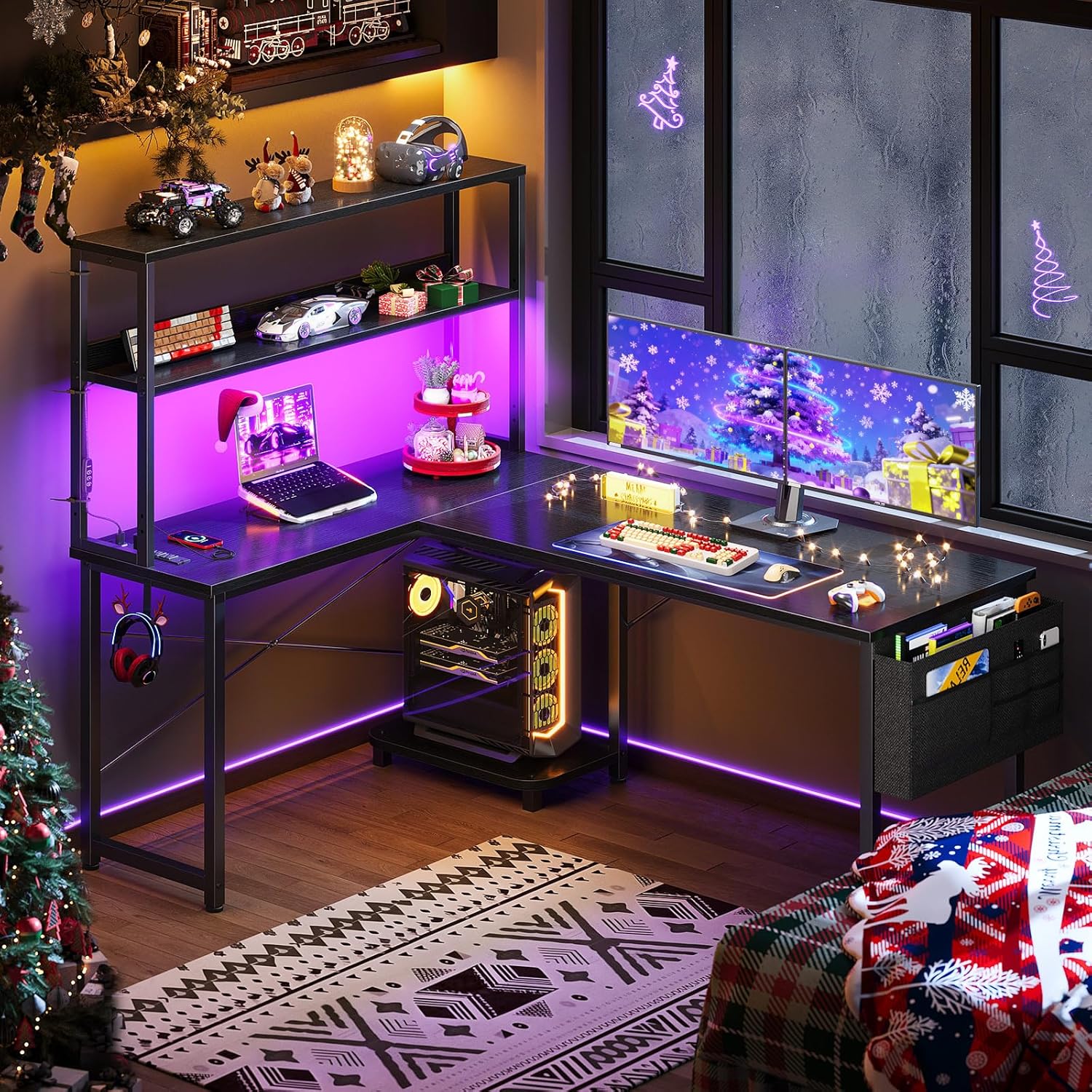 ODK 53 Inch L Shaped Gaming Desk with LED Lighting, Reversible Desk with Power Outlets, Cornor Computer Table with Storage Shelves & Bag & Iron Hook, Home Office Table for Writing, Study, Black - Image 2