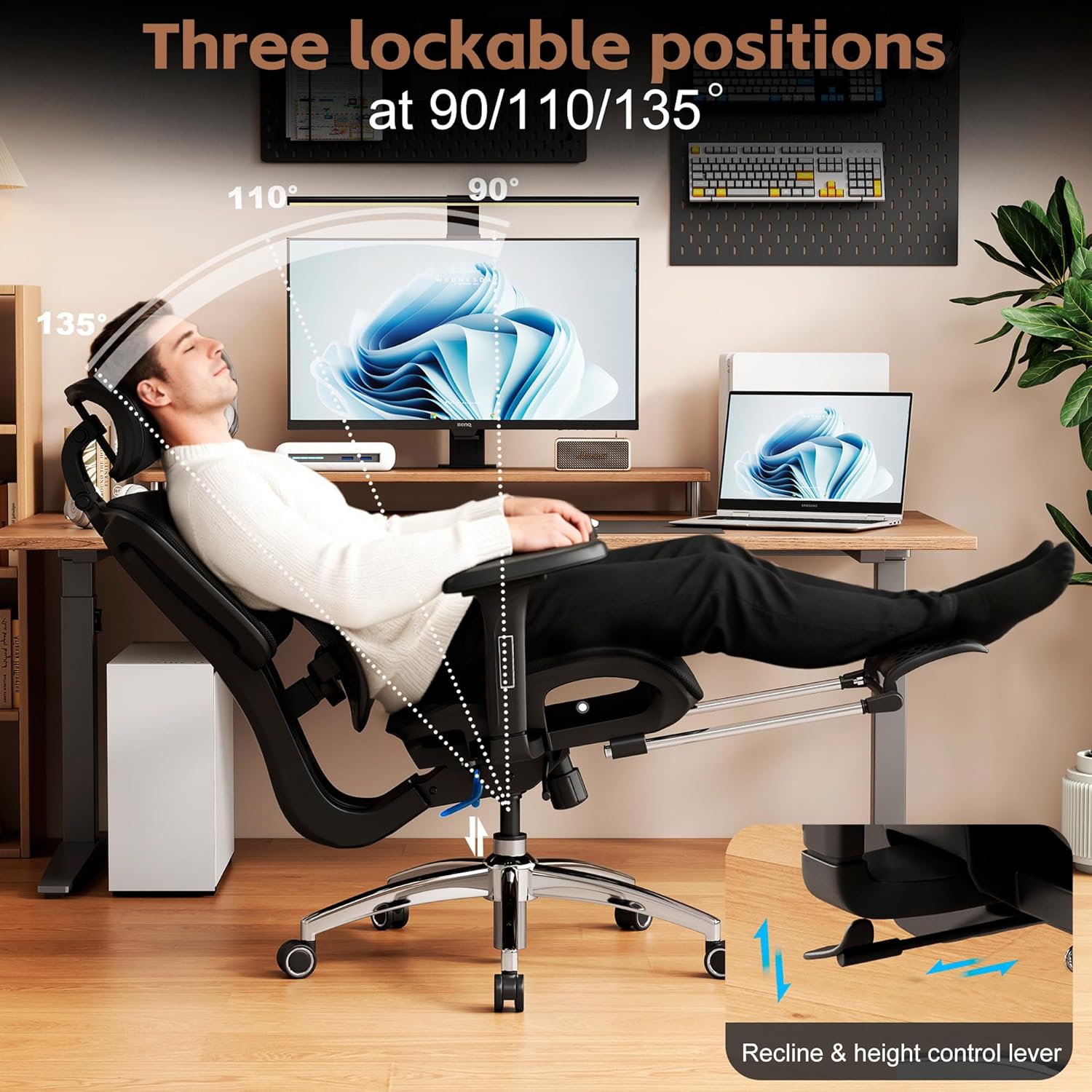 Vonesse Ergonomic Office Chair with Footrest, Desk Chairs with Adjustable 3D Headrest and Armrests, Computer Gaming Chair with Dynamic Lumbar Support & Adjustable Depth Breathable Mesh Seat (Black) - Image 9