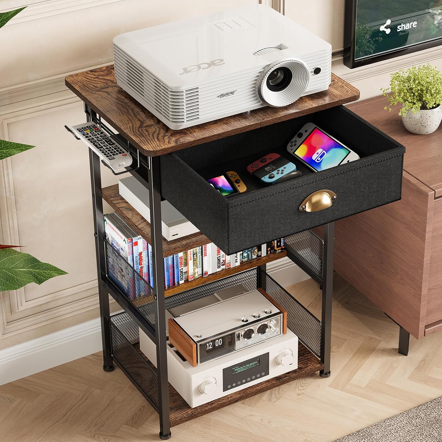 Hongtamoya 4-Tier AV Media Stand with Drawer, Video Game Console Shelf with 2 Hooks, Audio Rack Tower Perfect for/Xbox/ PS5/Switch/Game Consoles/DVD/Record Player/Projector/Sky Box/TV Accessories - Image 3