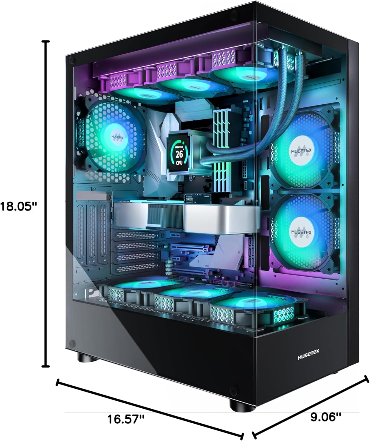 MUSETEX PC CASE ATX 6 PWM ARGB Fans Pre-Installed, Type-C Mid Tower Computer Case with Full-View Dual Tempered Glass, Gaming PC Case,Black(K2) - Image 7