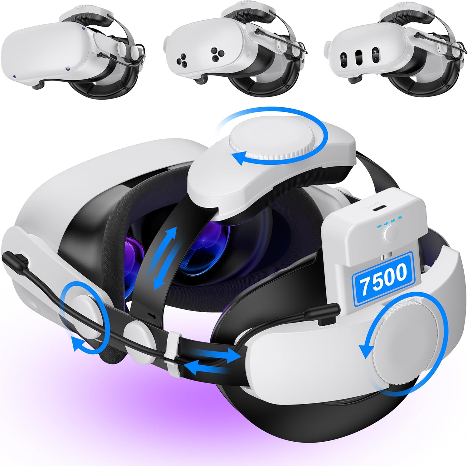Kawaye for Meta Quest 3S/Quest 2/Quest 3 Head Strap with 7500mAh Hot-Swap Battery Pack, Double Knobs Adjustable VR Headset Strap with Two Large Support Pad Enhanced Support, Reduce Pressure