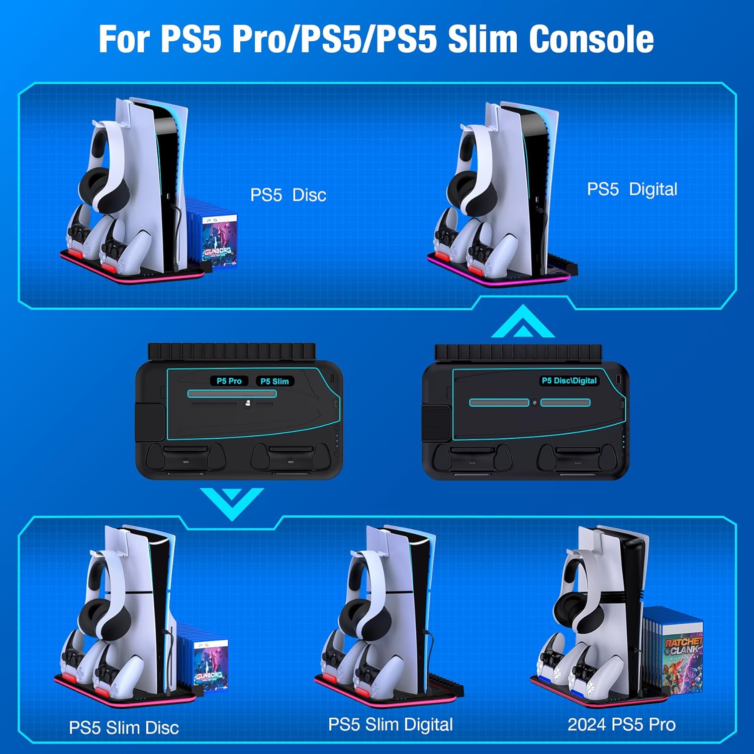PS5/Slim/Pro Stand and Cooling Station with Controller Charging Station for PlayStation 5 Slim/Pro Console, PS5 Controller Charger, Cooling Stand, LED Light, Headset Holder for PS5 Accessories - Image 2