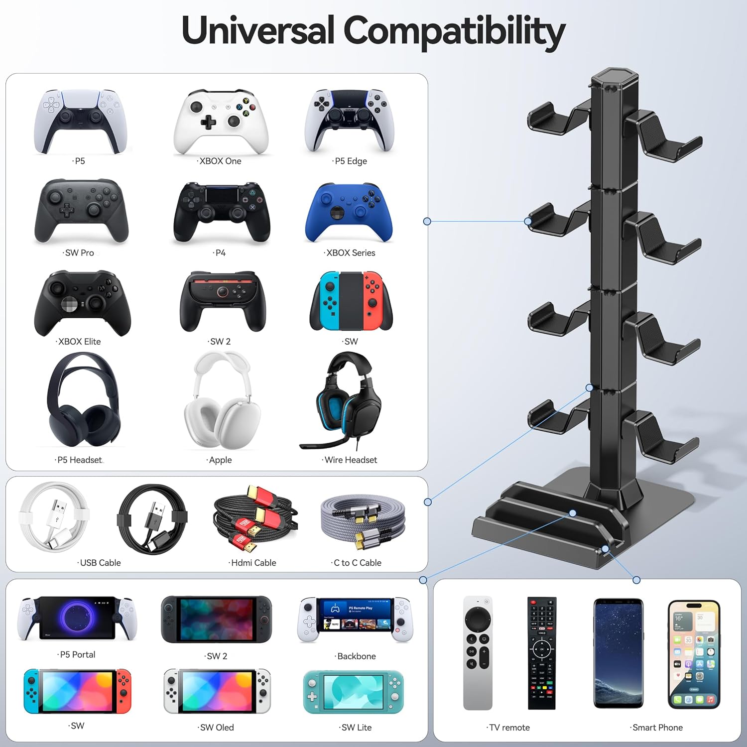Gaming Headset & Controller Holder Stand for Gamer Gift, Game Headphone Desk Organizer Storage with Cable Hook for Xbox/ PS5/ PS4/ Controller, Nintendo Switch 1/ 2/ PS Portal for Nintendo 64 Consoles - Image 2
