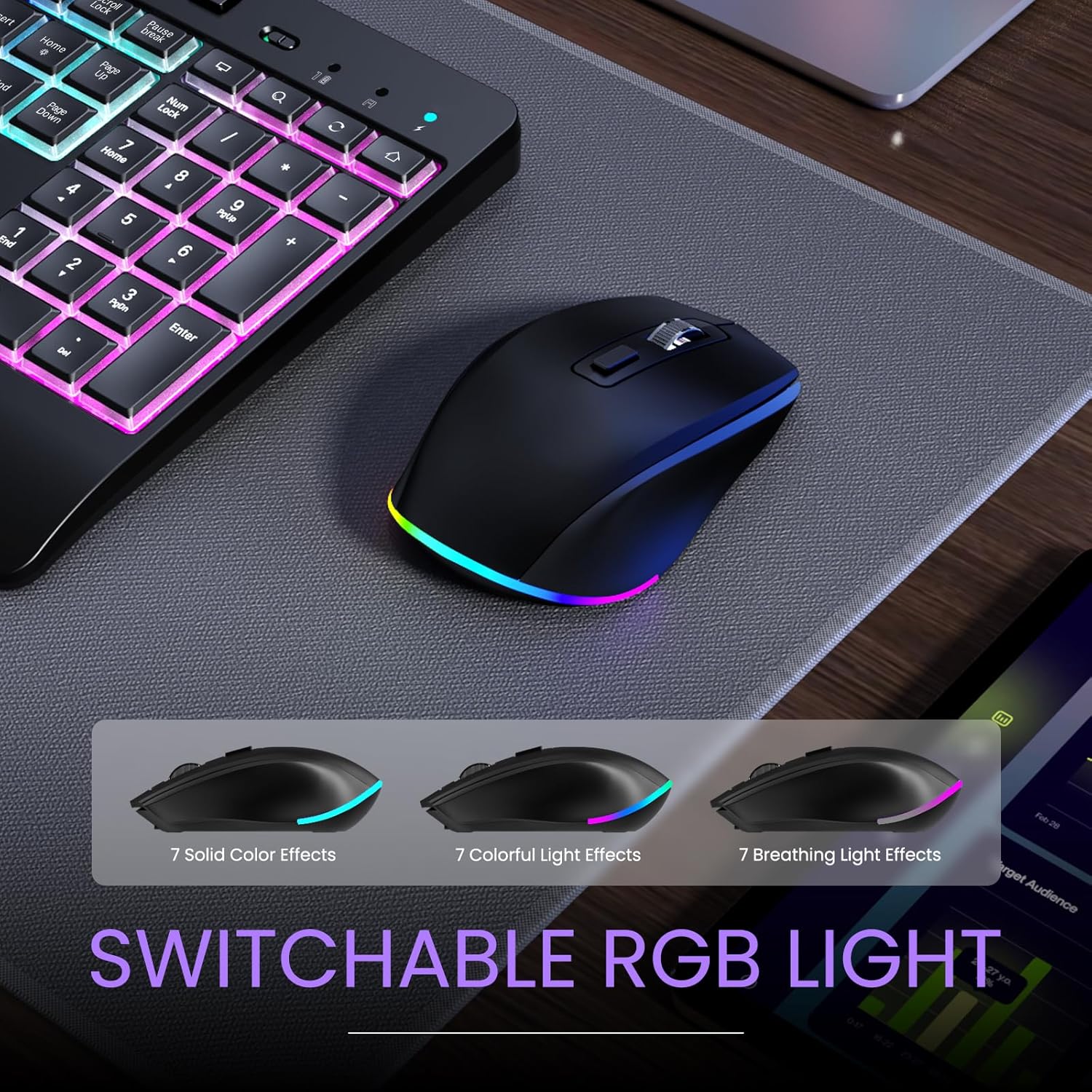 Wireless Keyboard and Mouse Combo- VEILZOR 2.4G Rechargeable Keyboard with Phone Holder, Ergonomic Wrist Rest, 9 RGB Backlit Effects, Silent Keyboard Mouse Set for Windows, Laptop, PC - Image 5