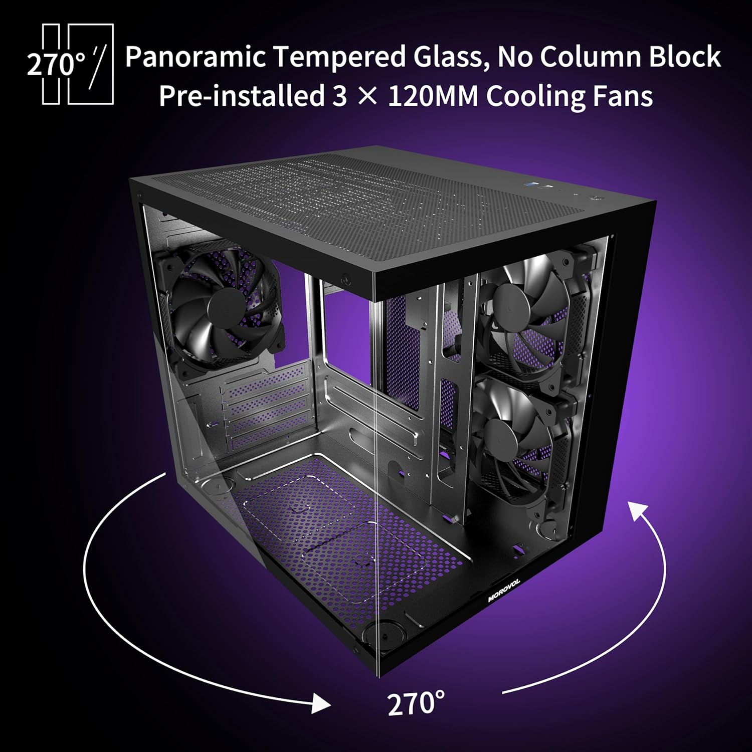 MOROVOL MATX PC Case,270° Panoramic Tempered Glass Panel Gaming PC Case,3 Fans Pre-Installed Micro-ATX Computer Case,USB 3.0,Black(V3) - Image 4