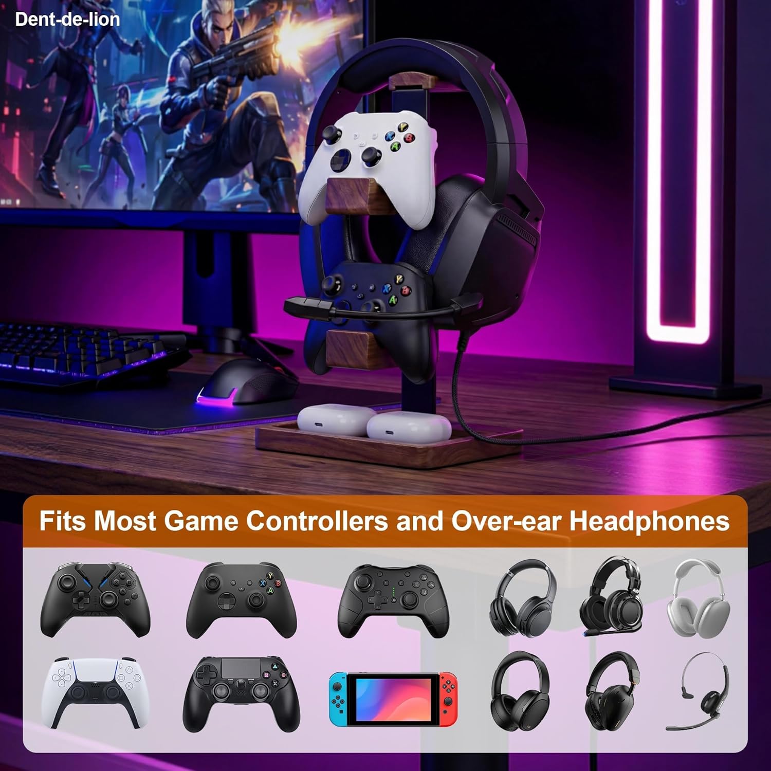 2-in-1 Solid Wood Headset Stand with Dual Game Controller Holder, Gaming Headphone Stand with Storage Base, 6 Joystick Sponge Rings and 8 Thumb Grips Gaming Equipment Accessories for Desk - Image 5