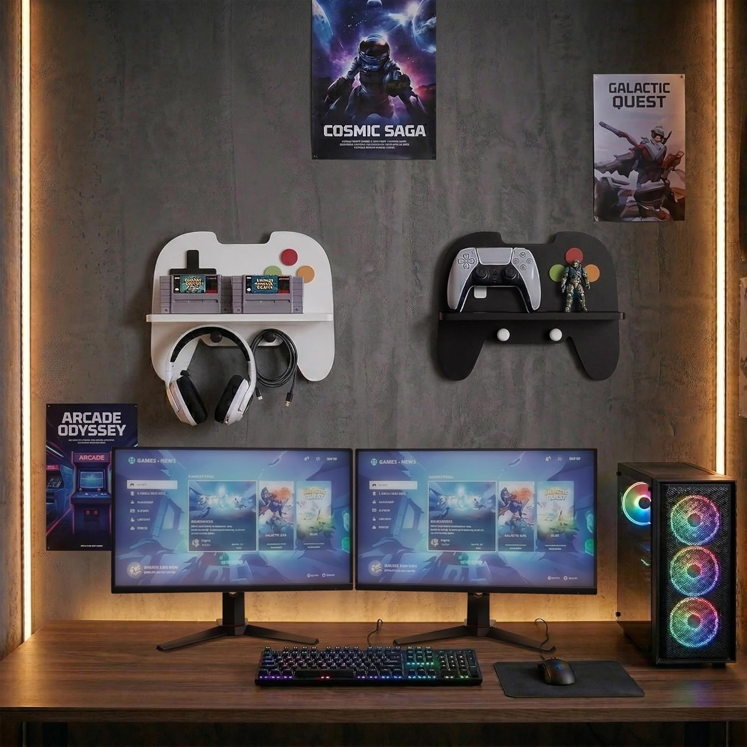 Gaming Room Decor Floating Shelves Set of 2, Controller Wall Shelf with Headphone Hooks, Gamer Wall Decor for Teen Boys Bedroom, Black & White - Image 7