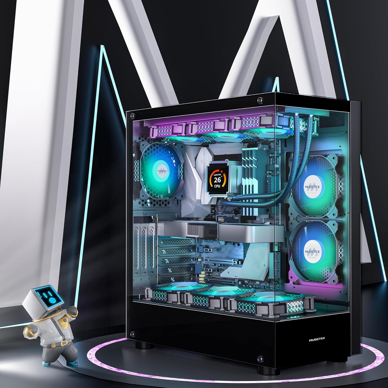 MUSETEX PC CASE ATX 6 PWM ARGB Fans Pre-Installed, Type-C Mid Tower Computer Case with Full-View Dual Tempered Glass, Gaming PC Case,Black(K2) - Image 6