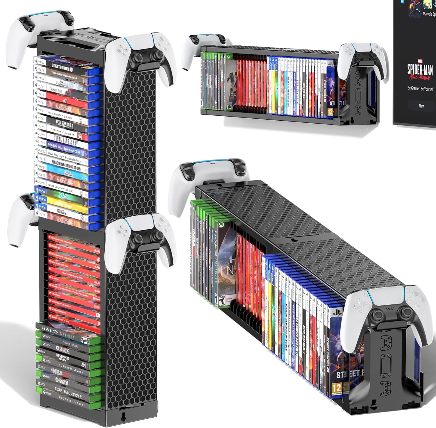 Video Game Disc Rack Tower Storage Holder Stand Universal for PS5/PS4/XBOX One/Series/NS Game, Game Organizer Shelf Display Stand for Wall Mount/Desk/Floor with Controller Holder Sega Genesis Consoles