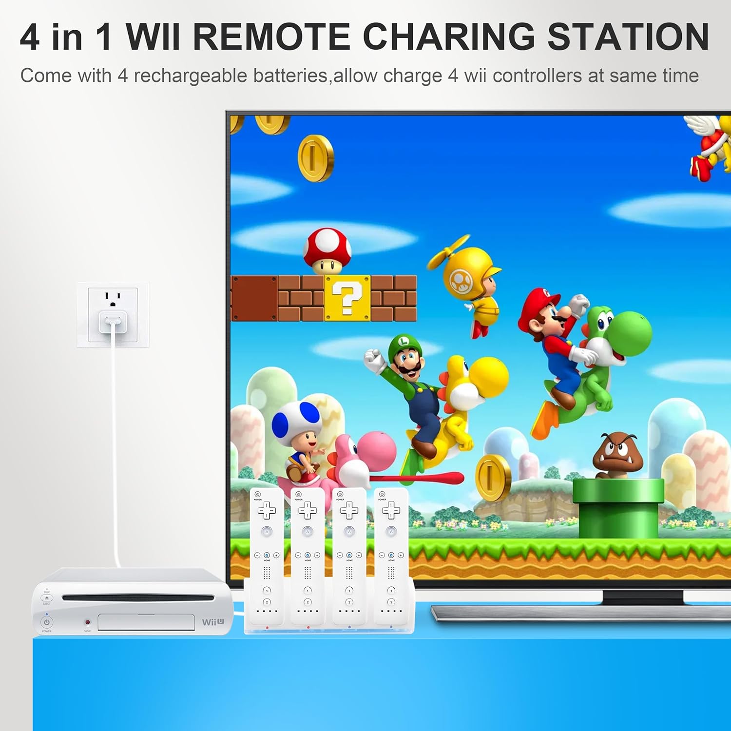 4-in-1 Charging Station for Wii&Wii U Remote Controller,Charger with 4 Rechargeable Battery Packs (4 Port Charging Station+4 pcs 2800mAh Replacement Batteries+USB Cable),Remote Not Included - Image 2