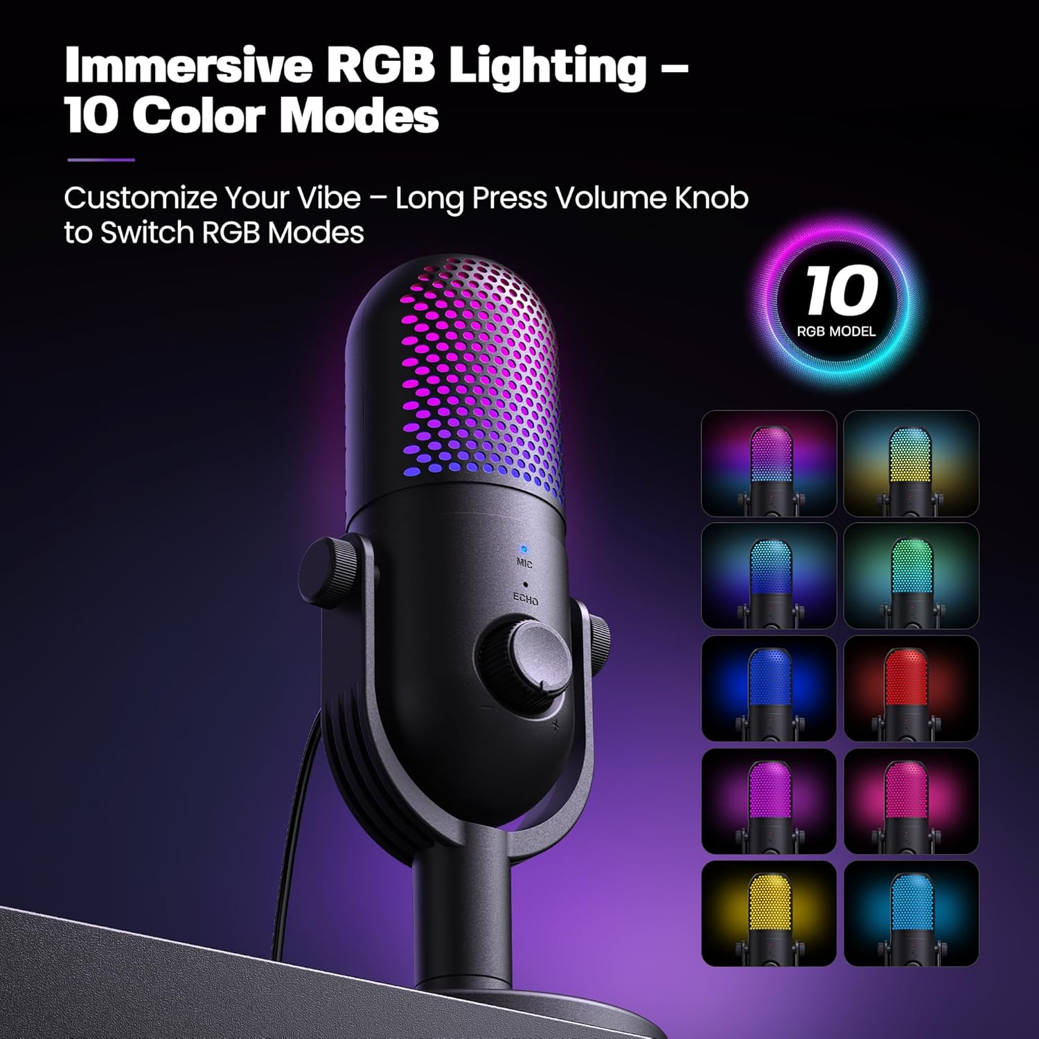 USB Microphone for PC Gaming: Condenser Microphone RGB for Gamer with Stand Mic - Recording Mic for Computer&Laptop with Qiuck Mute - Desk Podcast Mic for Podcast & Singing & Streaming & Youtube Black - Image 2