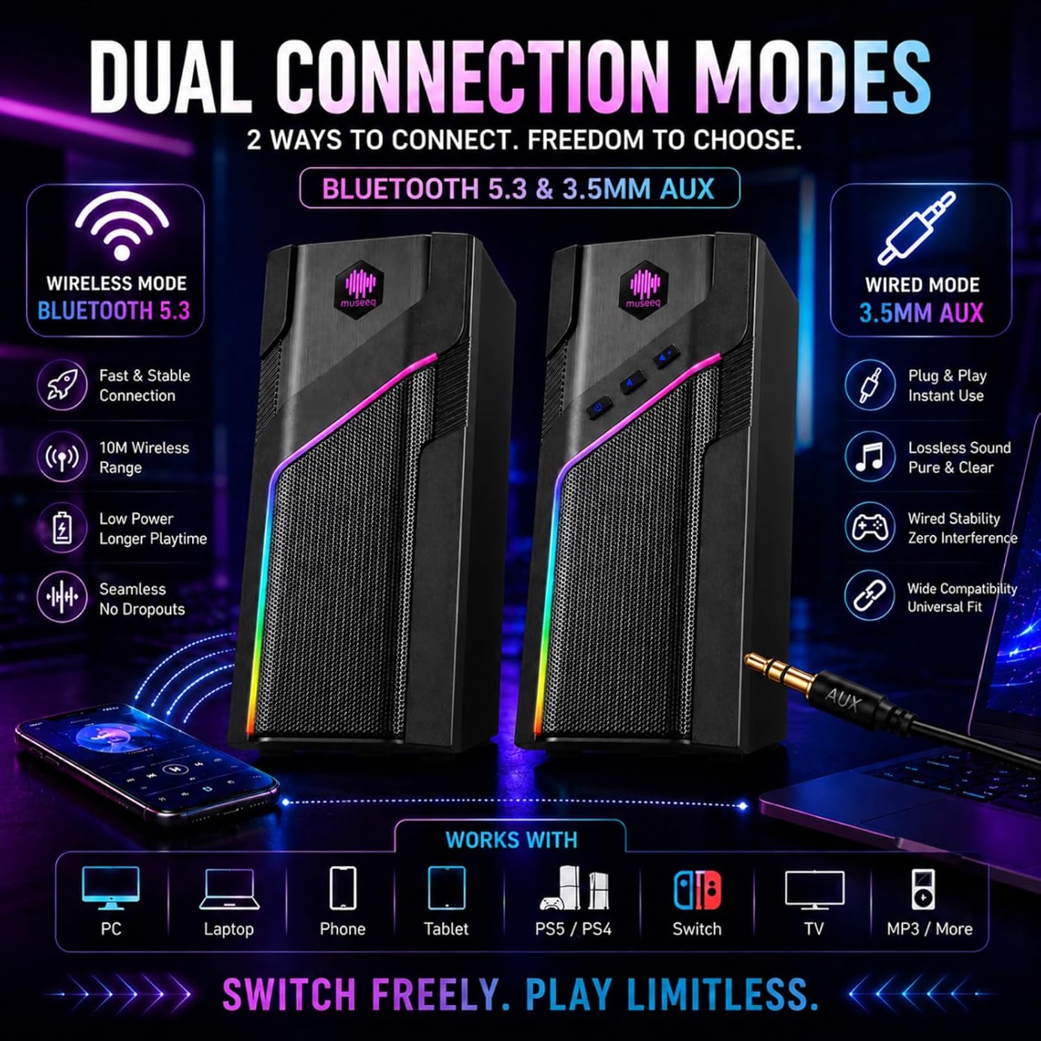 W-206RE RGB Gaming Speakers for PC, Bluetooth & USB Desktop Speakers for Gaming PC and Monitor, Touch Control Stereo Computer Speakers with 21 LED Light Modes - Image 4