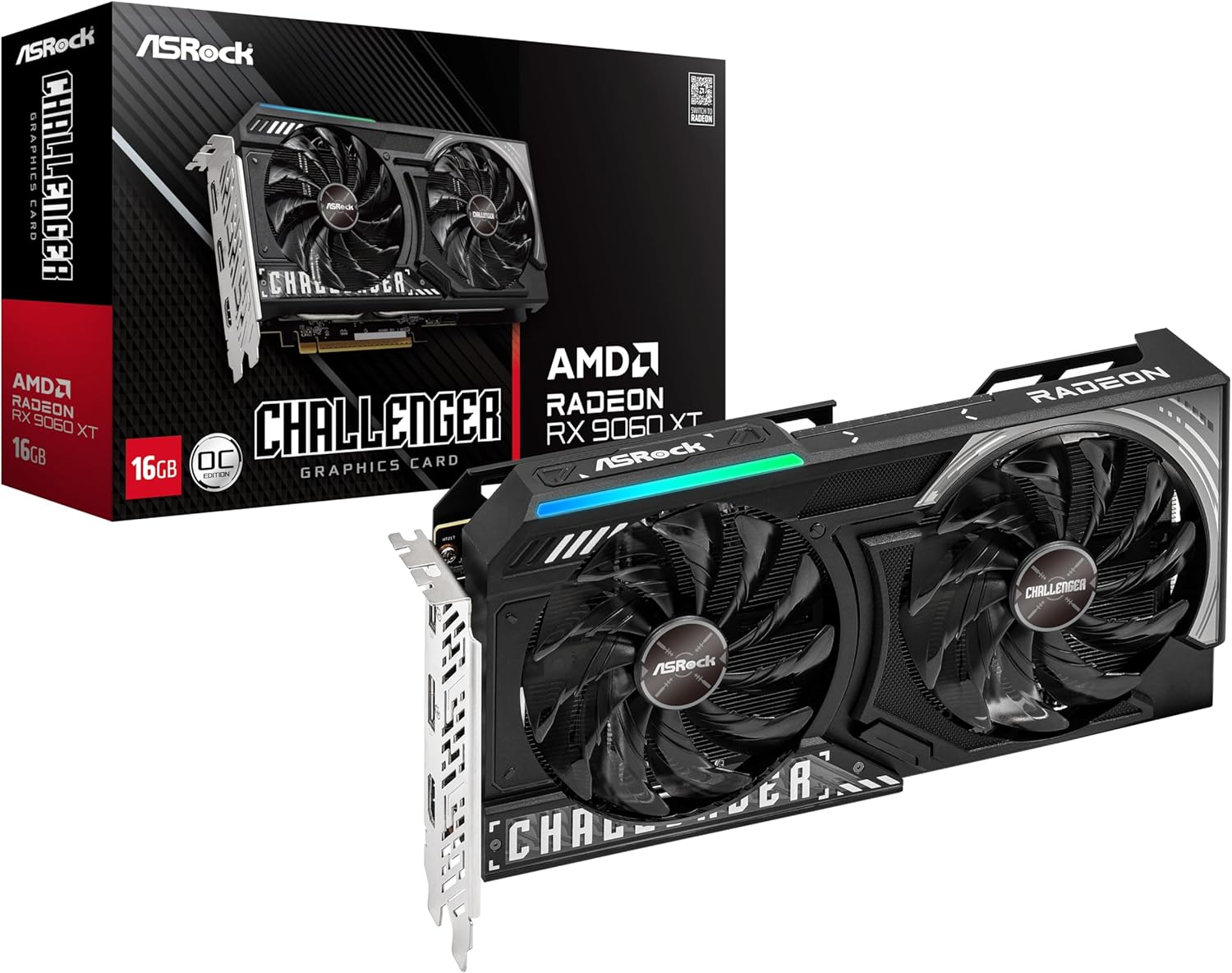 ASRock Radeon RX 9060 XT Challenger 16GB OC Graphics Card, AMD RDNA 4 Architecture, 16GB GDDR6, PCIe 5.0, Dual Fans, 0dB Silent Cooling, LED Indicator, DisplayPort 2.1a, HDMI 2.1b