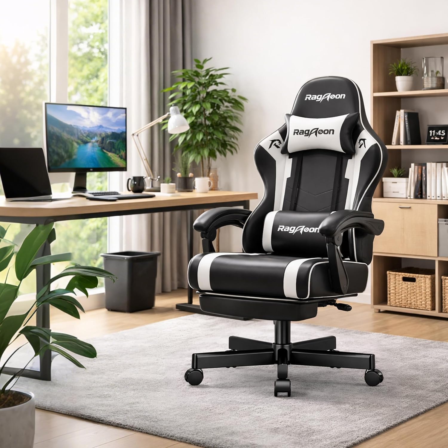 Gaming Chair for Adults Gamer Game - Ergonomic Gaming Chair with Footstool, Headrest, and Lumbar Support Height Adjustable Leather Game Chair’s 200 KG Load Bearing Capacity White - Image 2