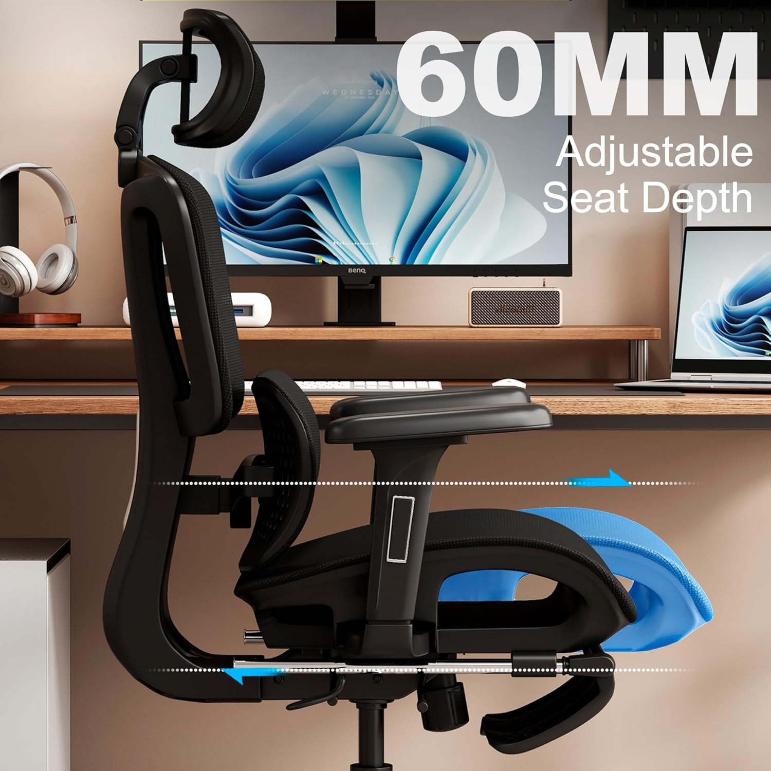 Vonesse Ergonomic Office Chair with Footrest, Desk Chairs with Adjustable 3D Headrest and Armrests, Computer Gaming Chair with Dynamic Lumbar Support & Adjustable Depth Breathable Mesh Seat (Black) - Image 7