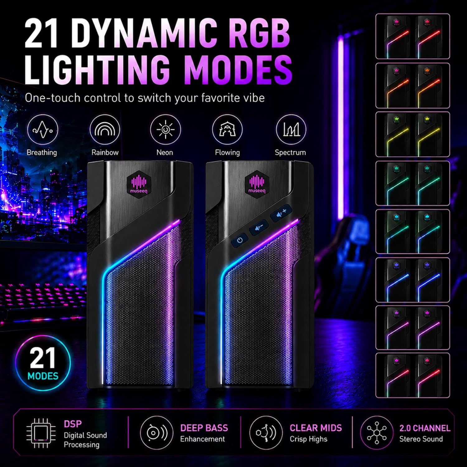 W-206RE RGB Gaming Speakers for PC, Bluetooth & USB Desktop Speakers for Gaming PC and Monitor, Touch Control Stereo Computer Speakers with 21 LED Light Modes - Image 2