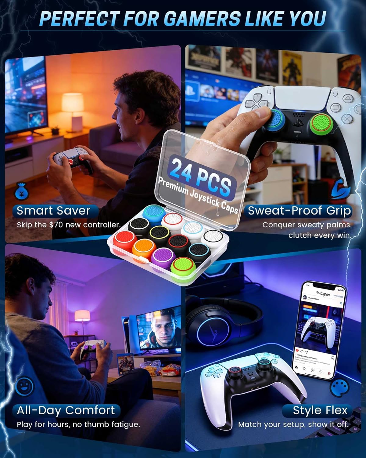 24 PCS Premium Silicone Thumb Grips for PS4/PS5/Xbox Controller, Rainbow Non-Slip Joystick Caps & Thumbstick Grips, Ultimate Comfort & Protection - Image 7