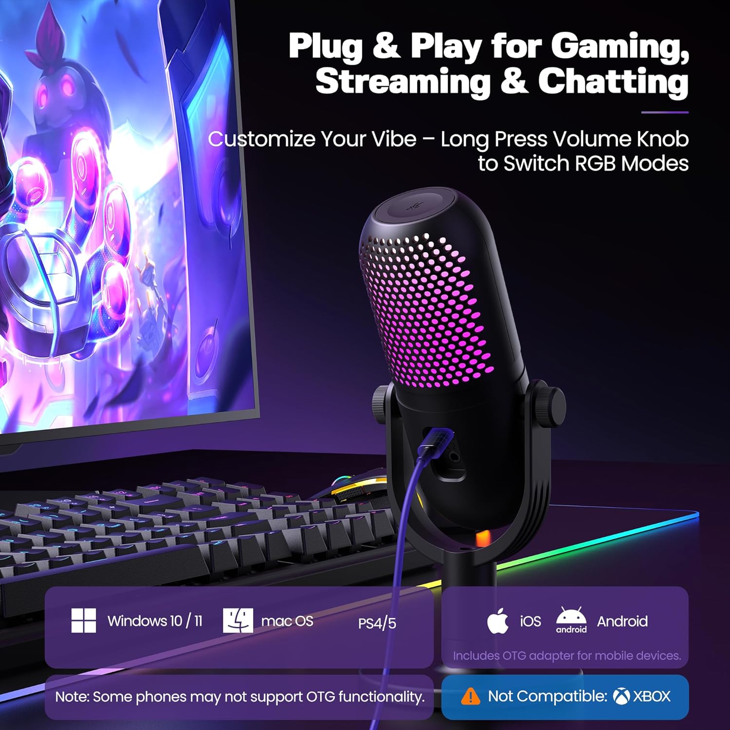 USB Microphone for PC Gaming: Condenser Microphone RGB for Gamer with Stand Mic - Recording Mic for Computer&Laptop with Qiuck Mute - Desk Podcast Mic for Podcast & Singing & Streaming & Youtube Black - Image 5