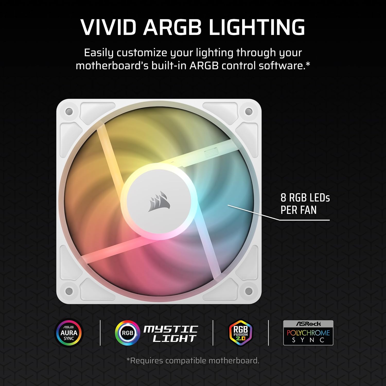Corsair RS120-R ARGB 120mm PWM ARGB Reverse Fans – Reverse Rotor, +5V ARGB Connections, Eight RGB LEDs, High Static Pressure, Daisy-Chain, Magnetic Dome Bearing, Zero RPM Mode – Triple Pack – White - Image 4