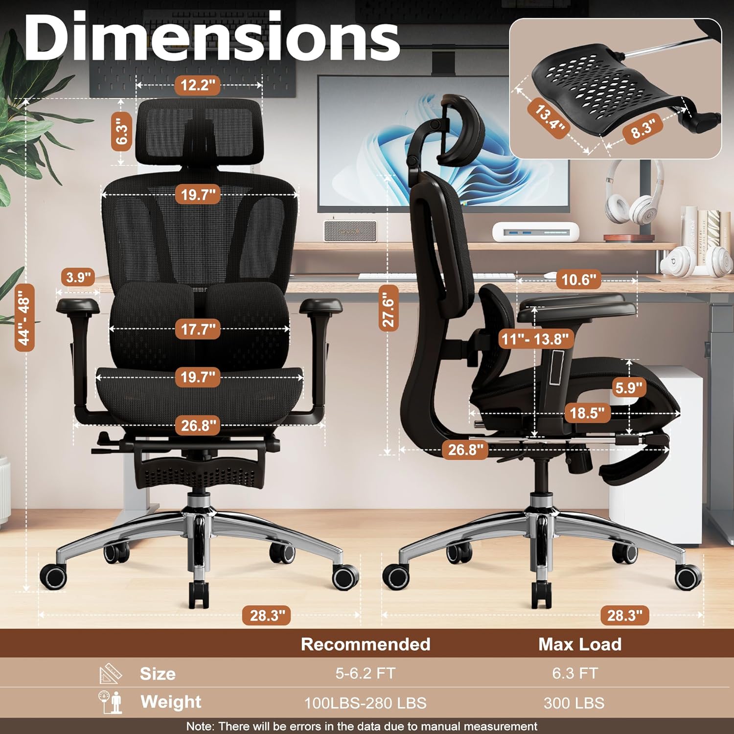 Vonesse Ergonomic Office Chair with Footrest, Desk Chairs with Adjustable 3D Headrest and Armrests, Computer Gaming Chair with Dynamic Lumbar Support & Adjustable Depth Breathable Mesh Seat (Black) - Image 2