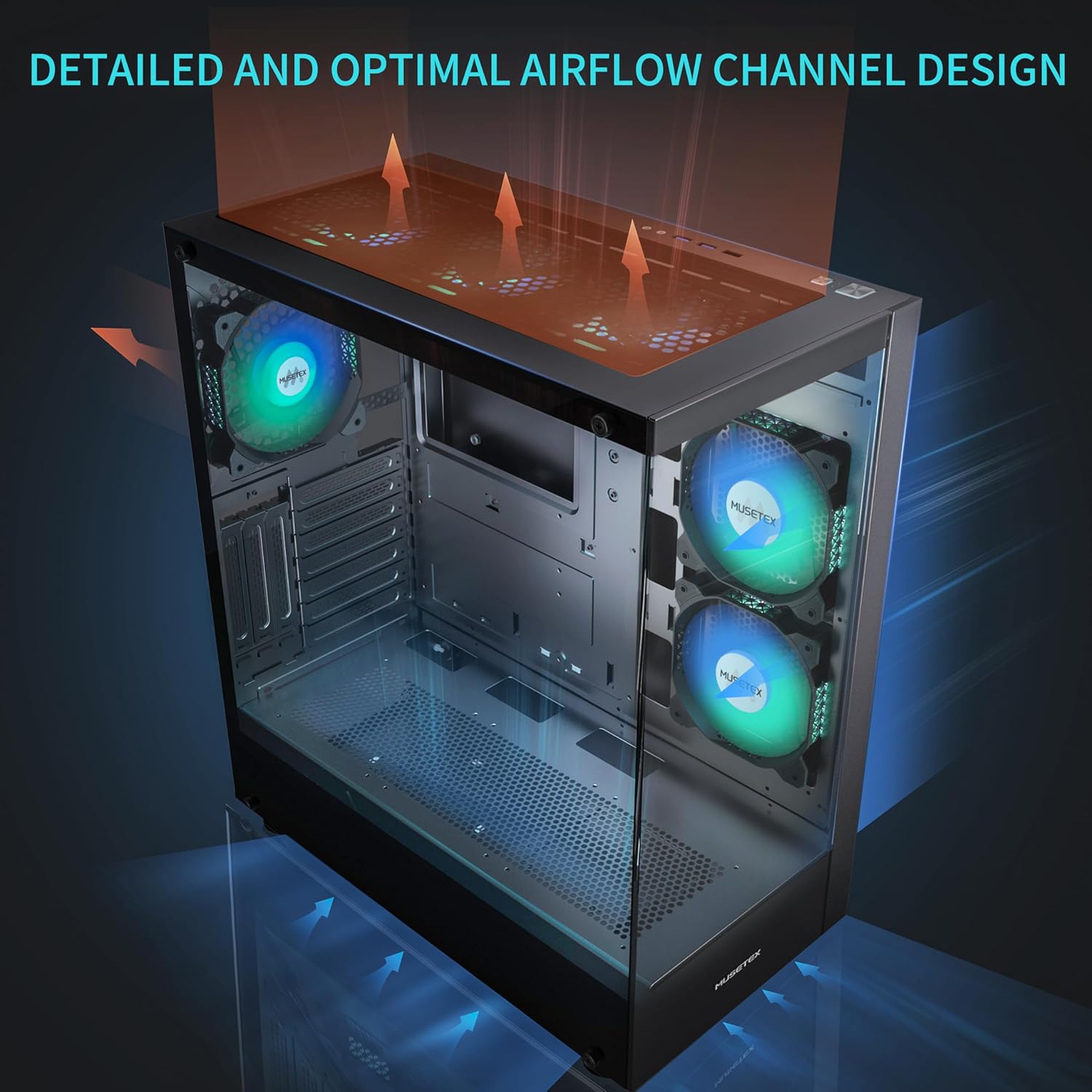 MUSETEX PC CASE ATX 6 PWM ARGB Fans Pre-Installed, Type-C Mid Tower Computer Case with Full-View Dual Tempered Glass, Gaming PC Case,Black(K2) - Image 3
