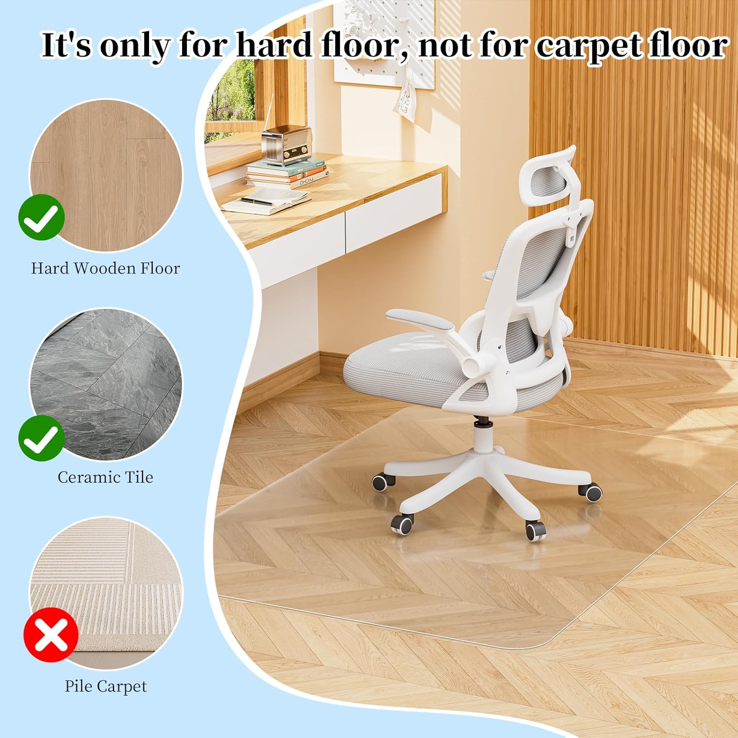 Tonaus Chair Mat for Hard Floor Office Chair Mat Desks Mats Large 48"×36" (3'x4'),Transparent Clear PVC Floor Protector for Home Office Study Wooden Floors, Not for Carpet - Image 3
