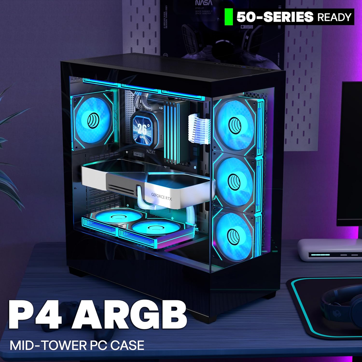 KEDIERS PC CASE ATX 7 PWM ARGB Fans Pre-Installed, Type-C Mid Tower Computer Case with Full-View Dual Tempered Glass, Gaming PC Case,Black,P4 - Image 2