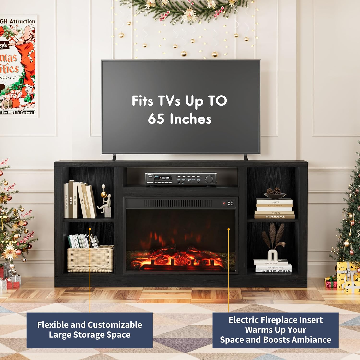 Furniwell Fireplace TV Stand for 65 Inch TV, Media Entertainment Center Console Table with 26" Electric Fireplace, Farmhouse TV Stand with Storage Cabinet for Living Room (Black) - Image 5