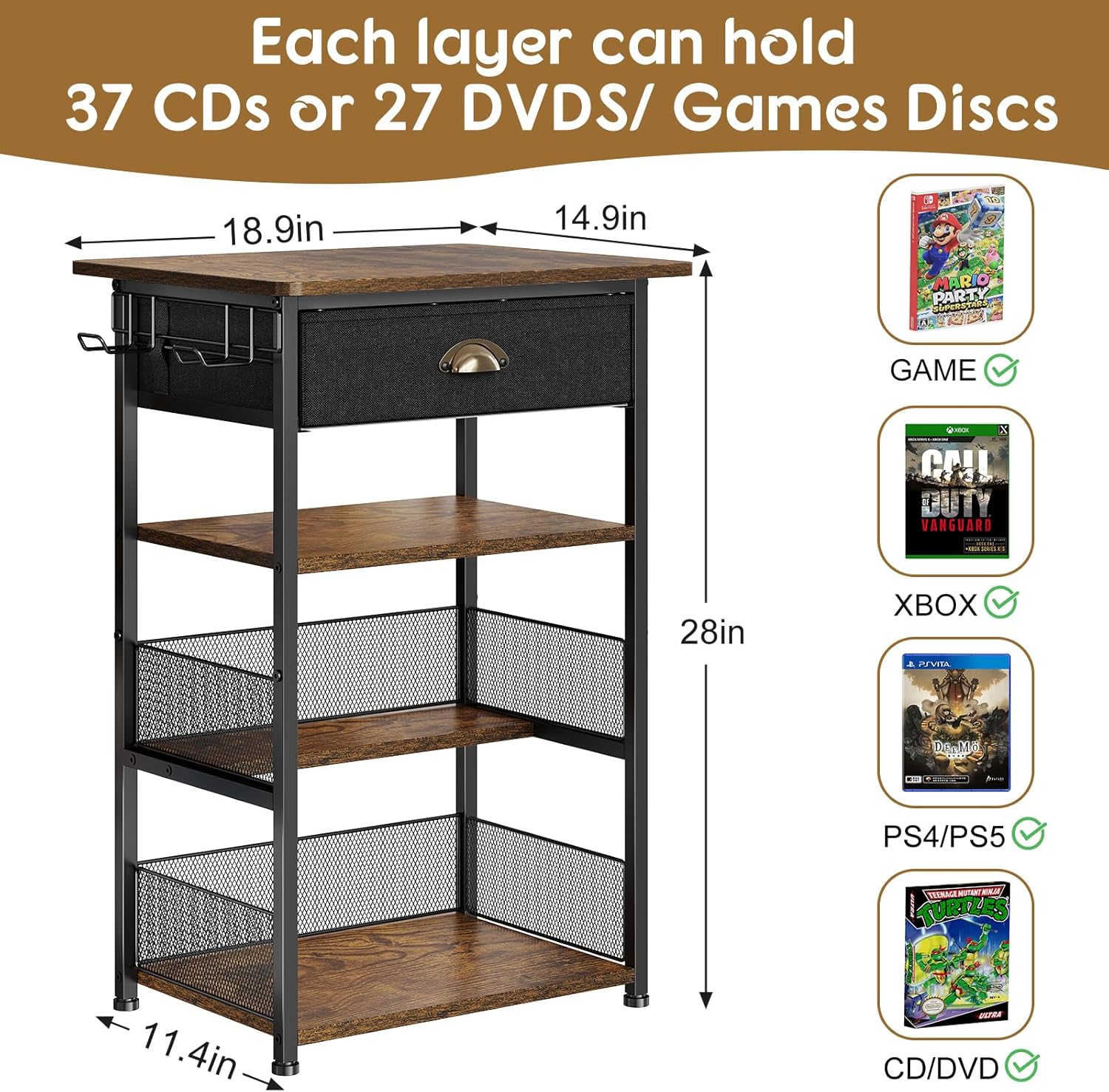 Hongtamoya 4-Tier AV Media Stand with Drawer, Video Game Console Shelf with 2 Hooks, Audio Rack Tower Perfect for/Xbox/ PS5/Switch/Game Consoles/DVD/Record Player/Projector/Sky Box/TV Accessories - Image 2