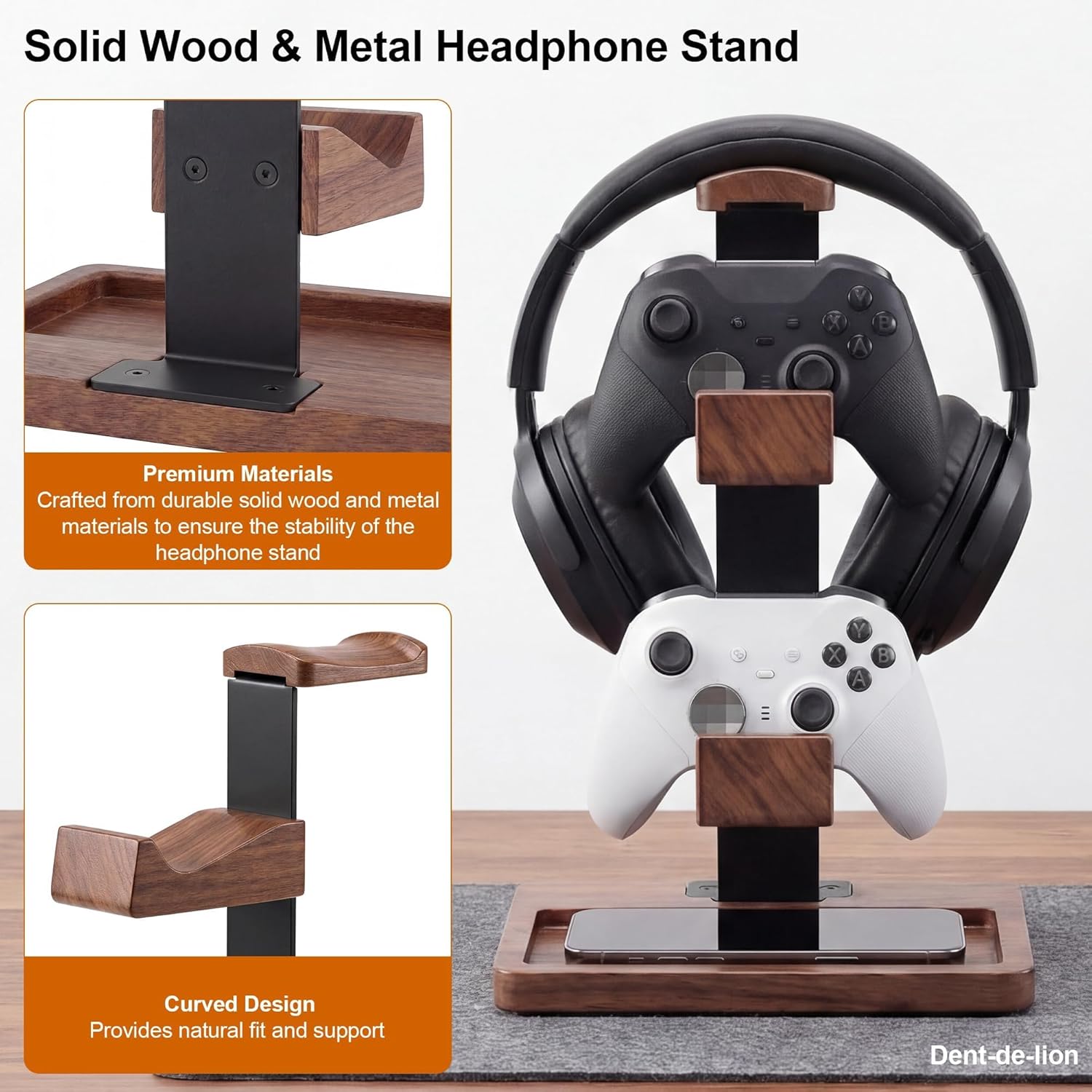 2-in-1 Solid Wood Headset Stand with Dual Game Controller Holder, Gaming Headphone Stand with Storage Base, 6 Joystick Sponge Rings and 8 Thumb Grips Gaming Equipment Accessories for Desk - Image 9