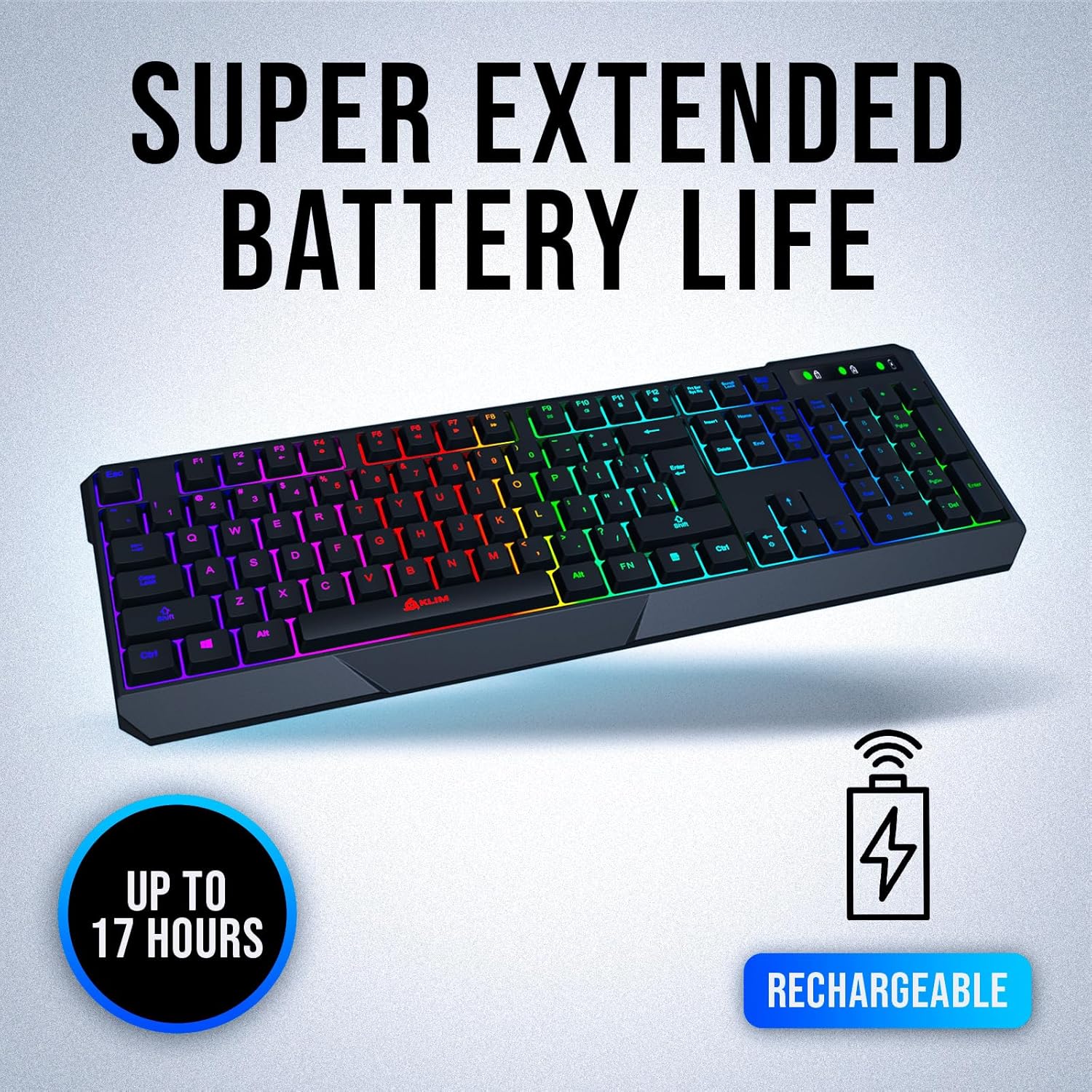 KLIM Chroma Wireless Keyboard – RGB Backlit Gaming, Rechargeable Battery, PC Keyboard, Durable & Water-Resistant, Compatible with PS4, PS5 & Mac - Black - Image 3