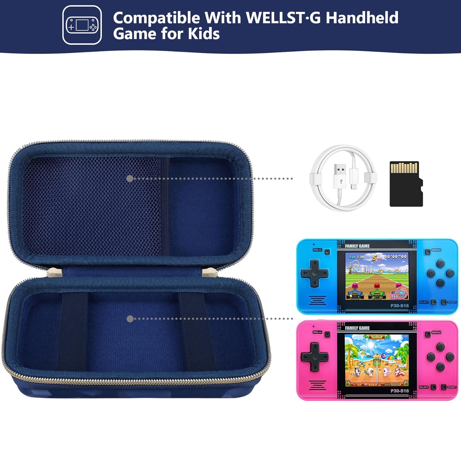 Supmay Carrying Case Compatible with WELLST·G Handheld Game for Kids -Preloaded 220 Retro Video Games, Portable Gaming Player Storage Holder Travel Bag with Mesh Pocket for USB Cable, Blue - Image 2