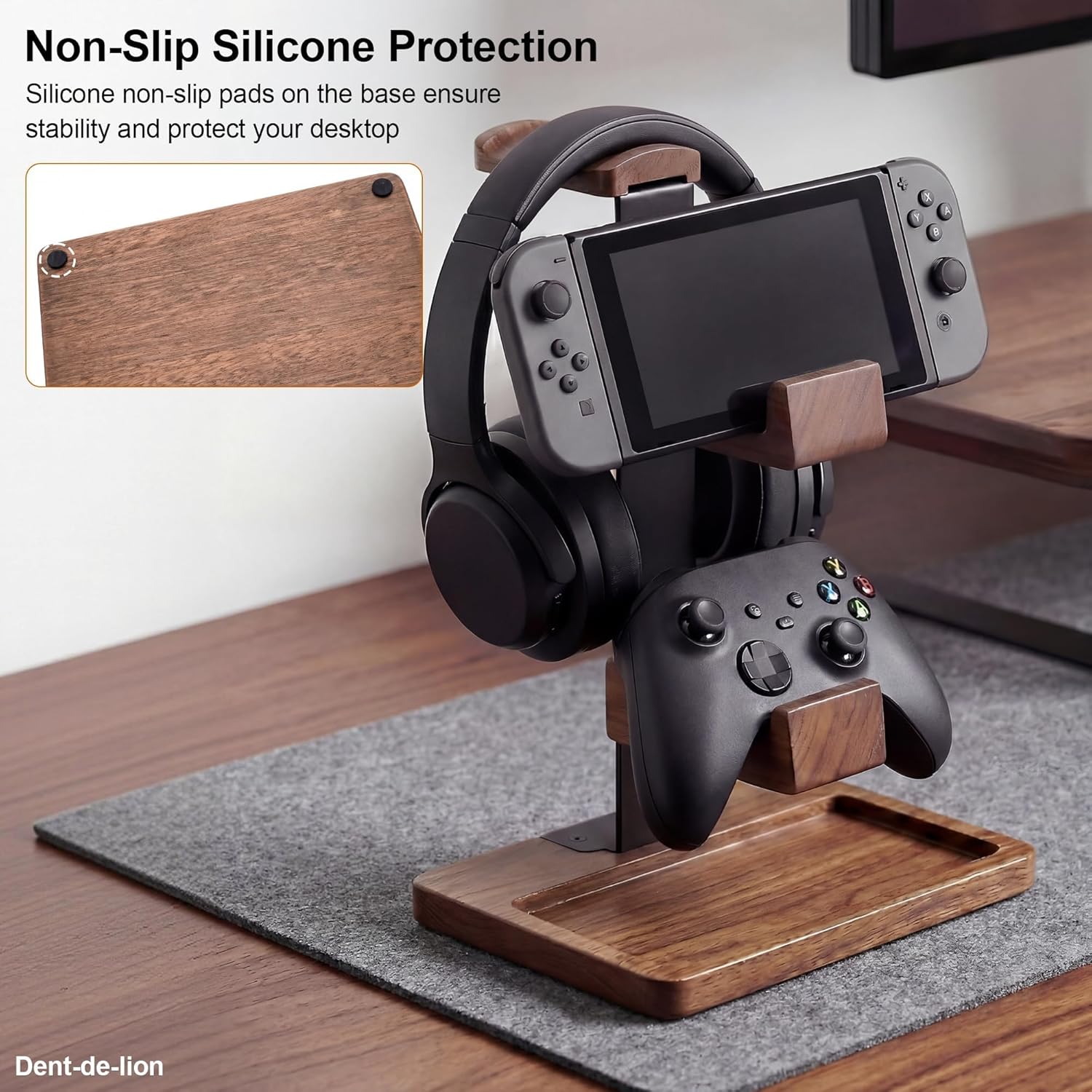 2-in-1 Solid Wood Headset Stand with Dual Game Controller Holder, Gaming Headphone Stand with Storage Base, 6 Joystick Sponge Rings and 8 Thumb Grips Gaming Equipment Accessories for Desk - Image 6